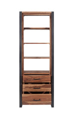 Industrial Sheesham Wood and Black Iron Tall Bookcase with Three Drawers - Home Furniture Interiors