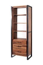 Industrial Sheesham Wood and Black Iron Tall Bookcase with Three Drawers - Home Furniture Interiors