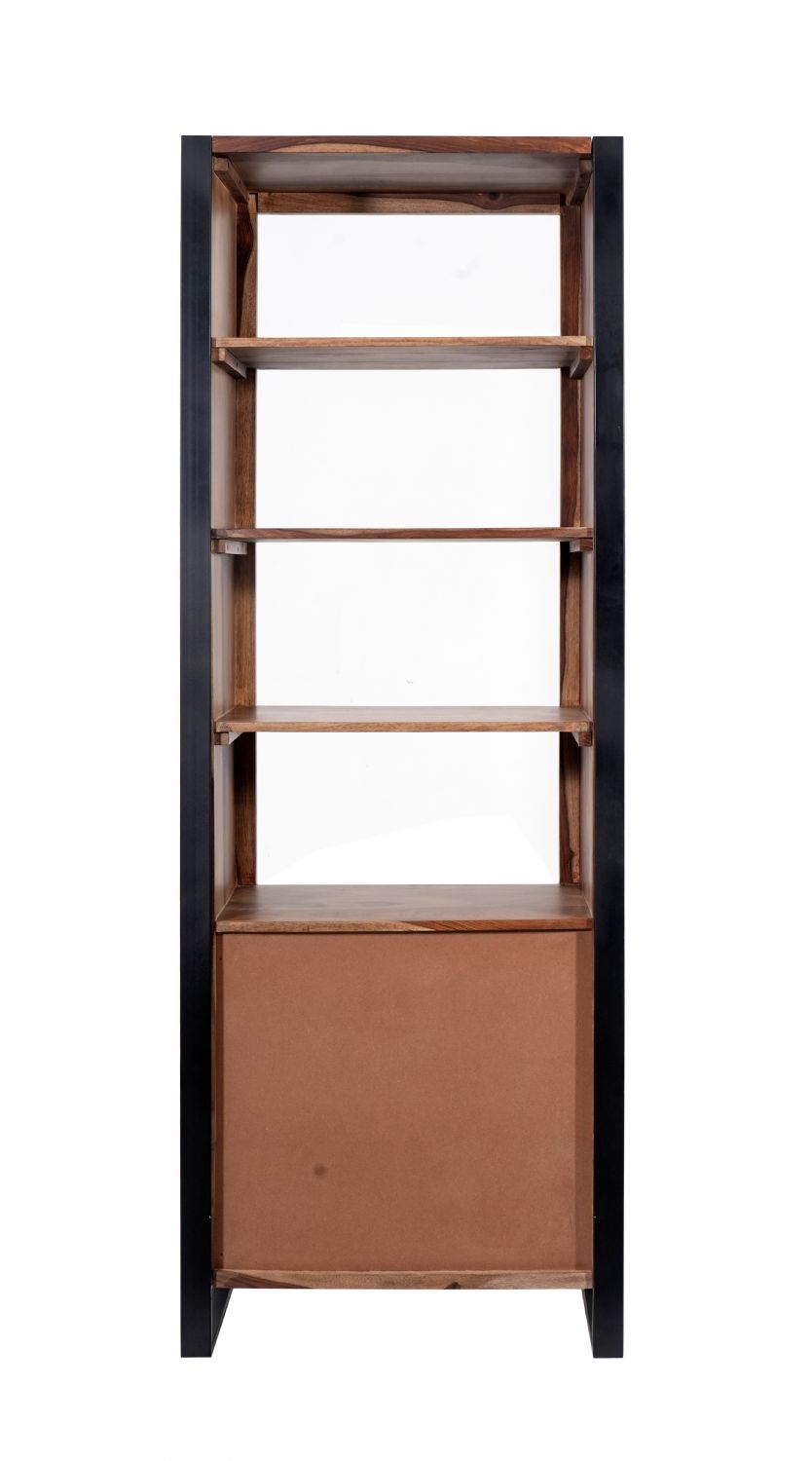 Industrial Sheesham Wood and Black Iron Tall Bookcase with Three Drawers - Home Furniture Interiors