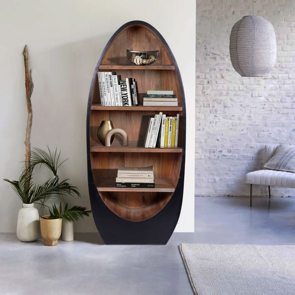 Modern Mango Wood Oval 4 Shelf Bookcase with Sculpted Black Frame
