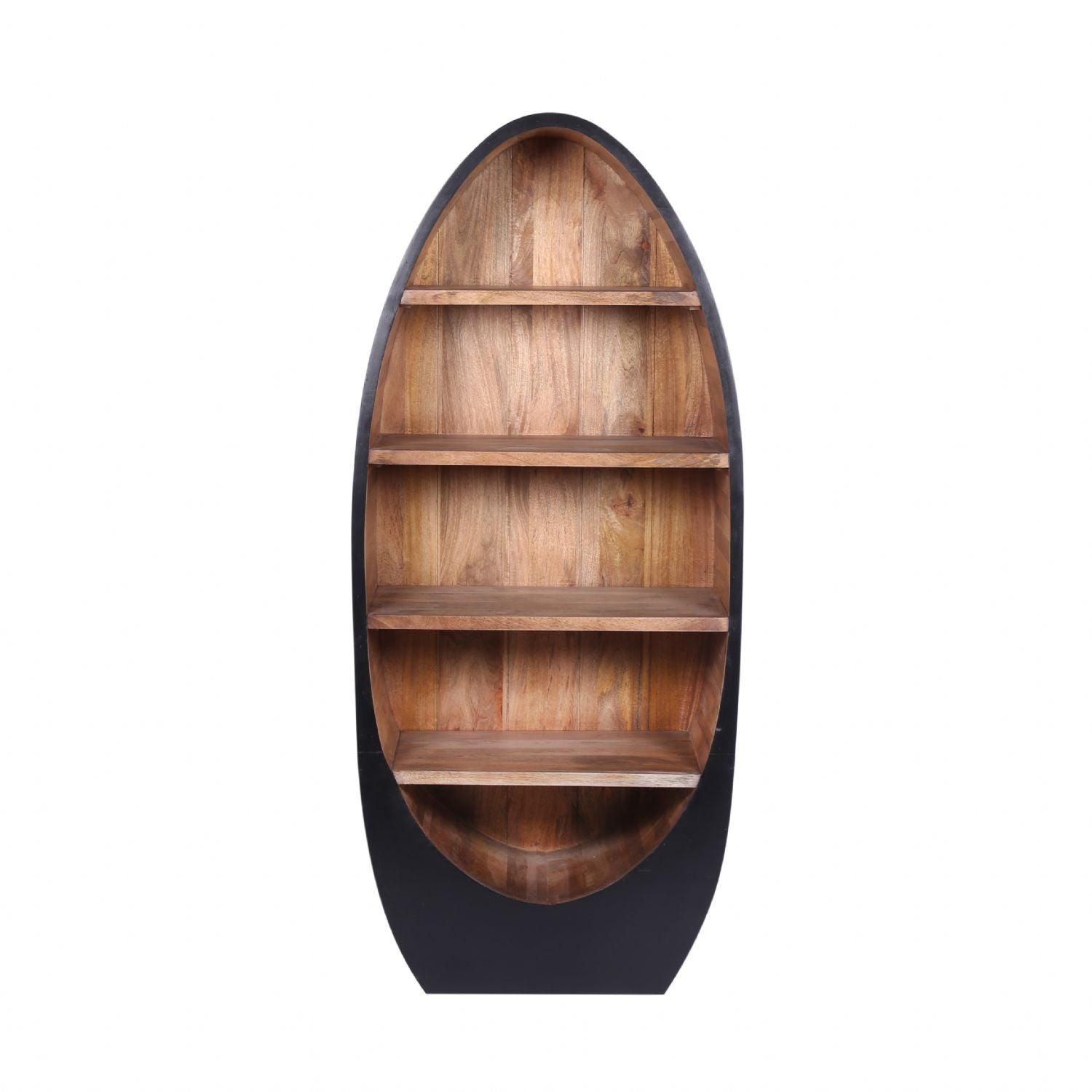 Modern Mango Wood Oval 4 Shelf Bookcase with Sculpted Black Frame - Home Furniture Interiors