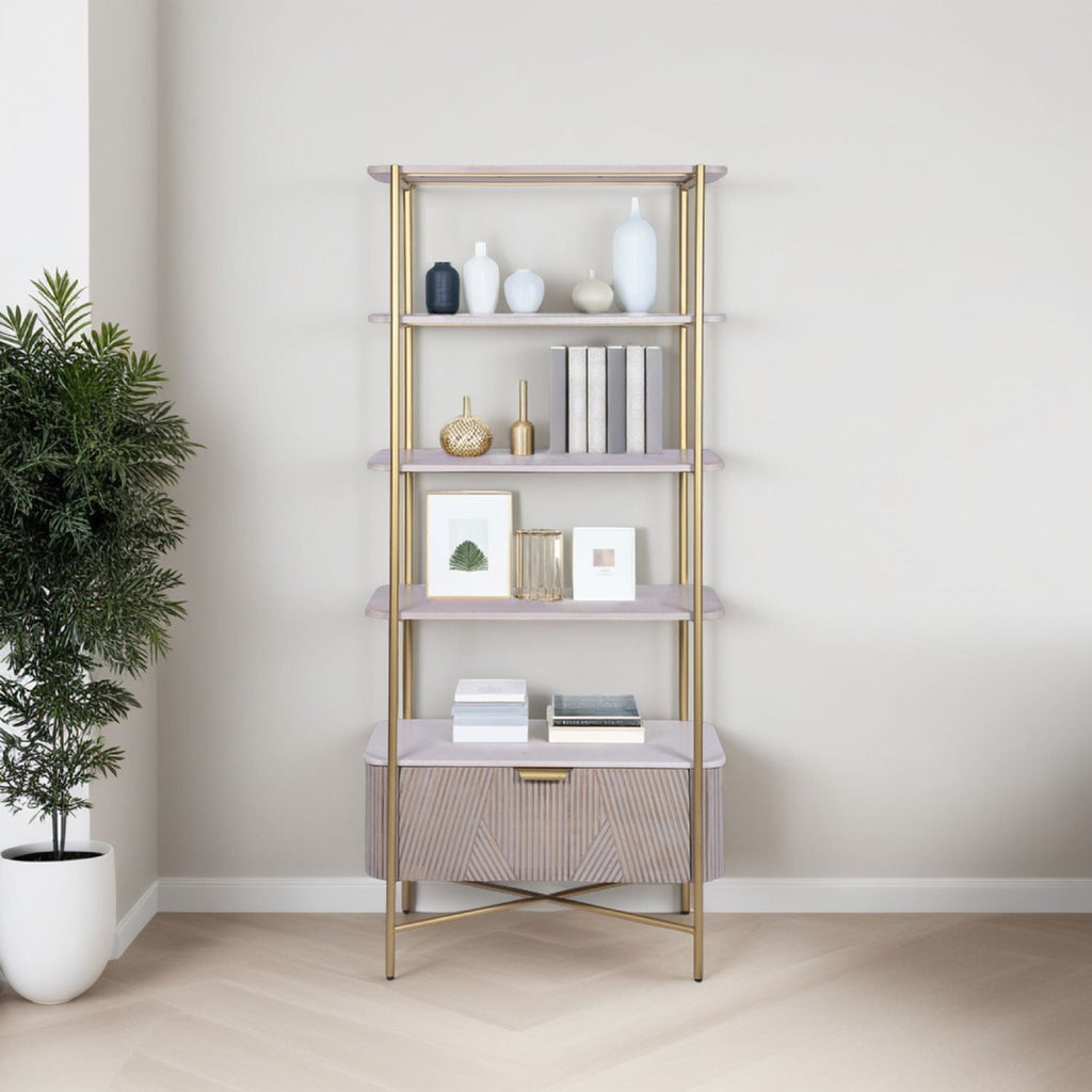 White Marble and Gold Metal Bookshelf with Fluted Mango Wood Base
