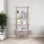 White Marble and Gold Metal Bookshelf with Fluted Mango Wood Base