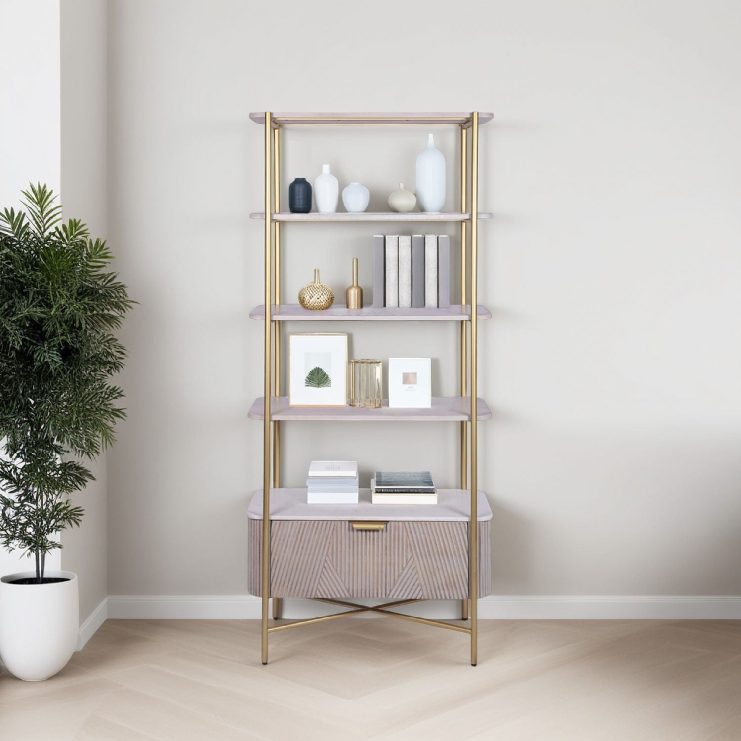 White Marble and Gold Metal Bookshelf with Fluted Mango Wood Base