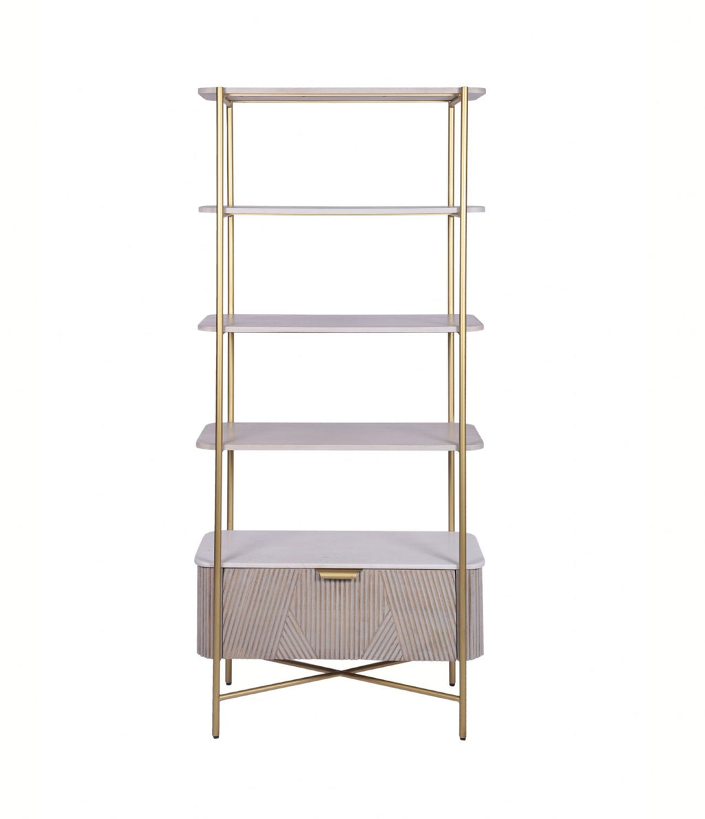 White Marble and Gold Metal Bookshelf with Fluted Mango Wood Base - Home Furniture Interiors