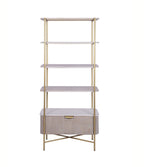 White Marble and Gold Metal Bookshelf with Fluted Mango Wood Base - Home Furniture Interiors