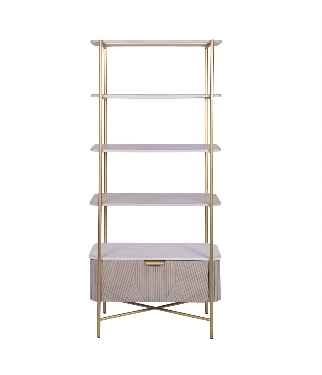 White Marble and Gold Metal Bookshelf with Fluted Mango Wood Base - Home Furniture Interiors