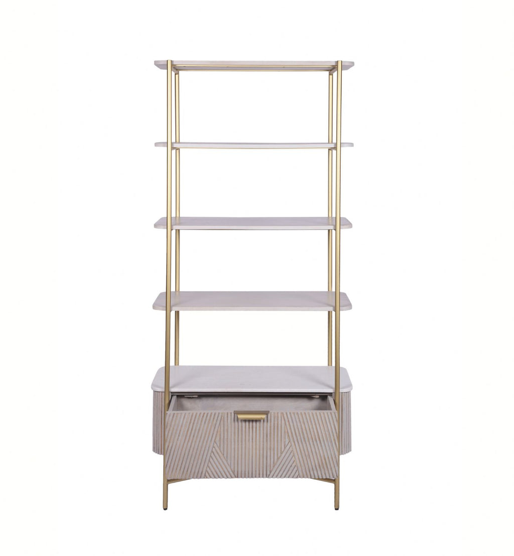White Marble and Gold Metal Bookshelf with Fluted Mango Wood Base - Home Furniture Interiors