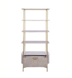 White Marble and Gold Metal Bookshelf with Fluted Mango Wood Base - Home Furniture Interiors