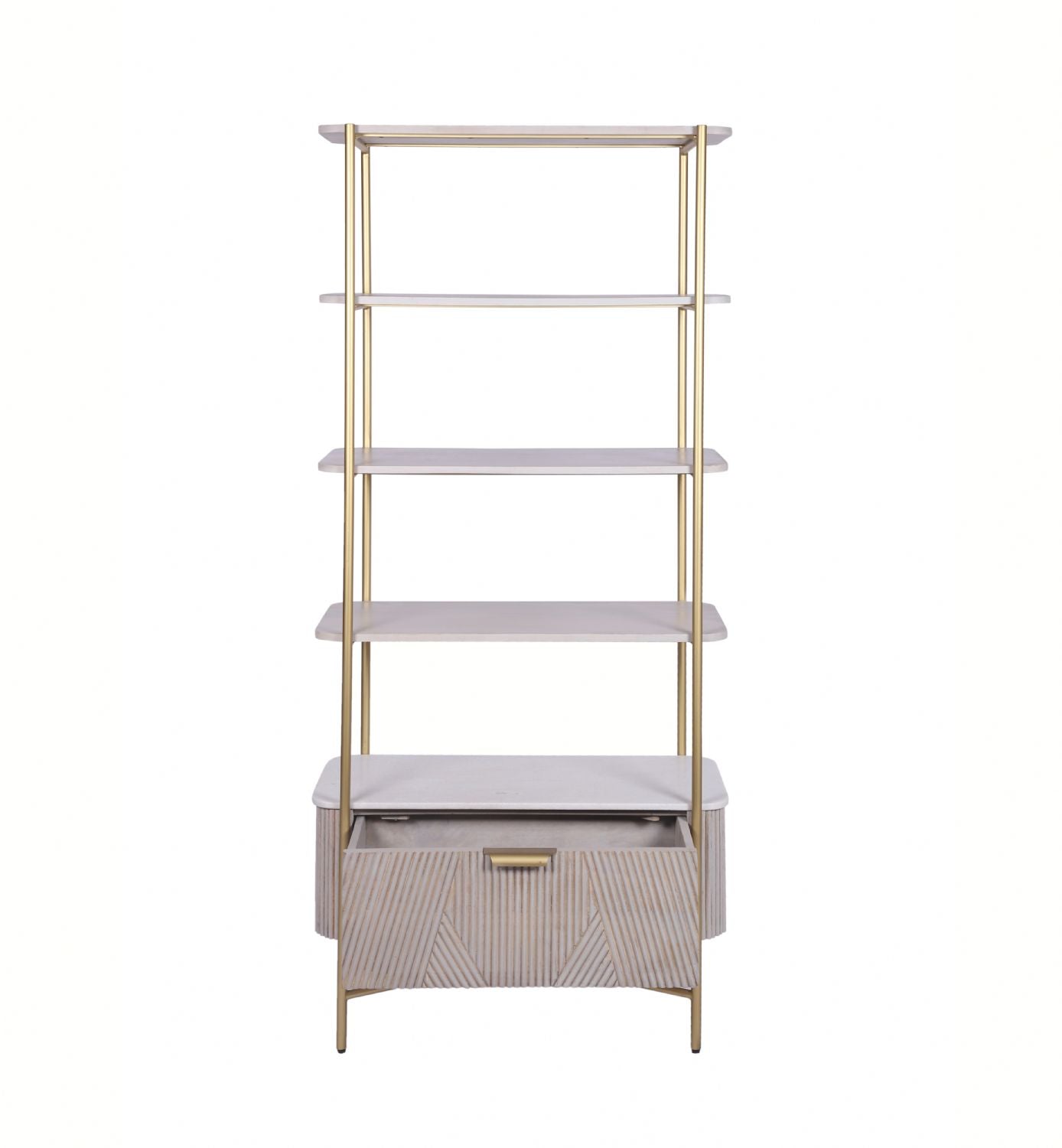White Marble and Gold Metal Bookshelf with Fluted Mango Wood Base - Home Furniture Interiors