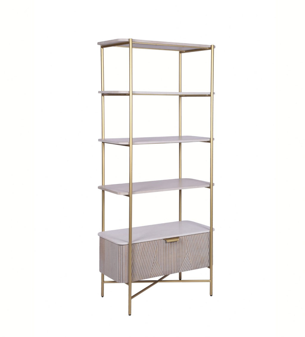 White Marble and Gold Metal Bookshelf with Fluted Mango Wood Base - Home Furniture Interiors