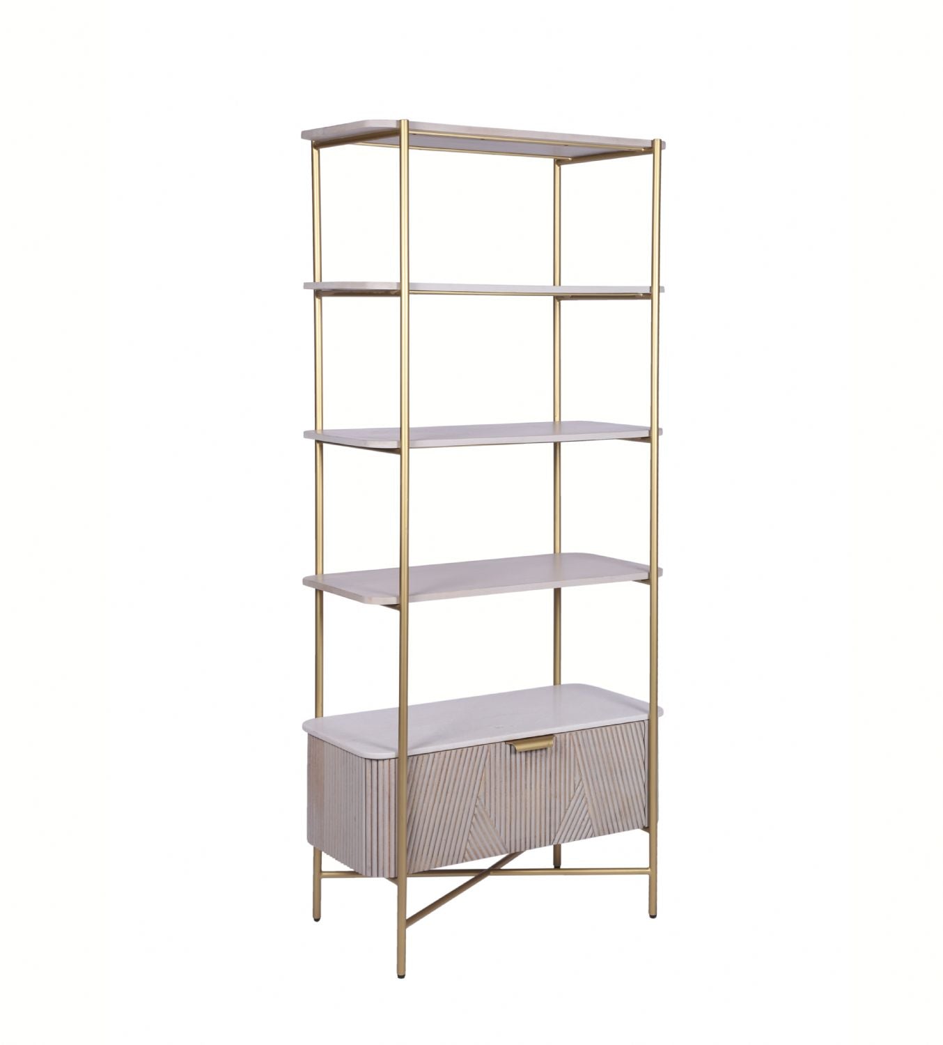 White Marble and Gold Metal Bookshelf with Fluted Mango Wood Base - Home Furniture Interiors