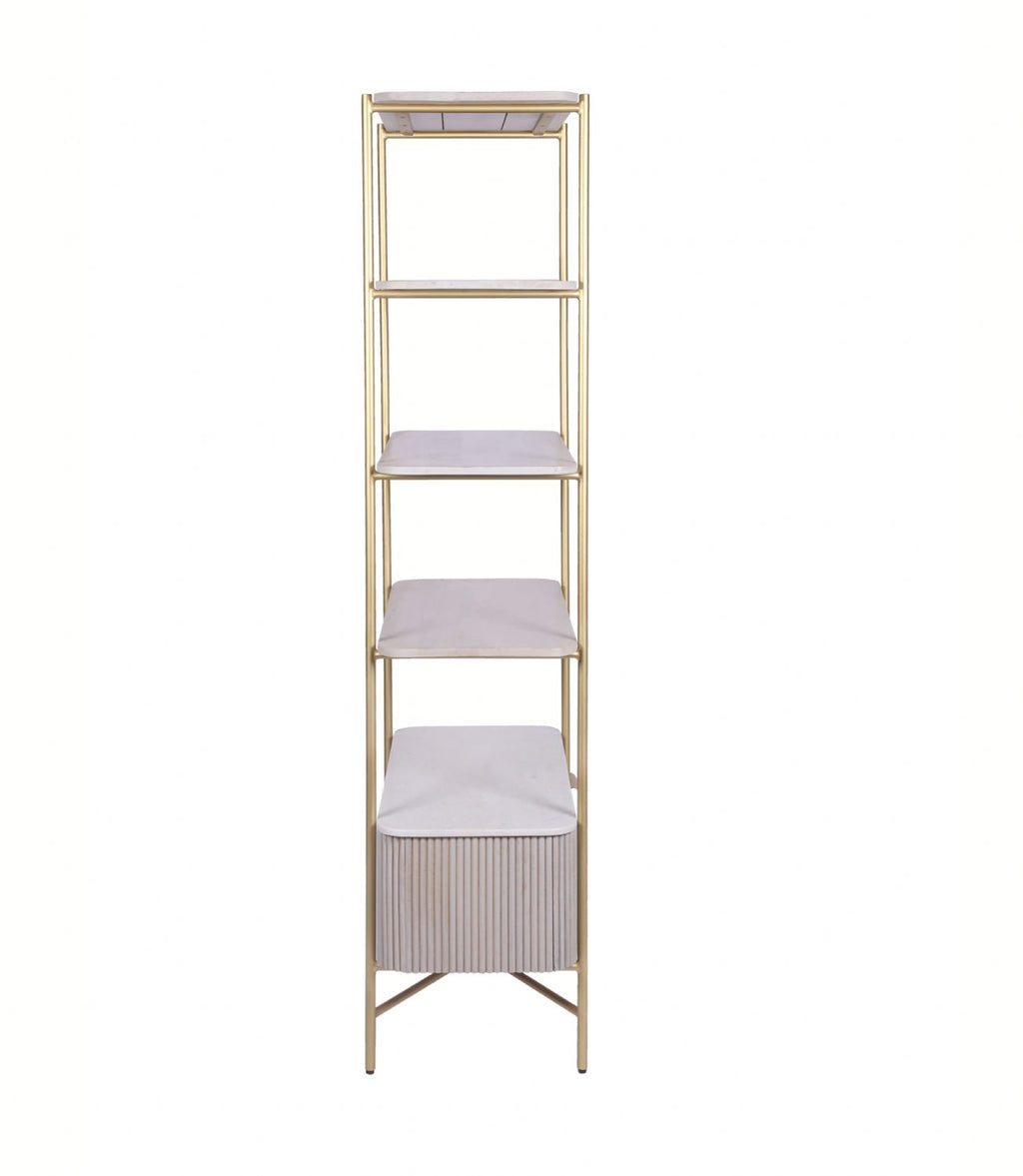 White Marble and Gold Metal Bookshelf with Fluted Mango Wood Base - Home Furniture Interiors