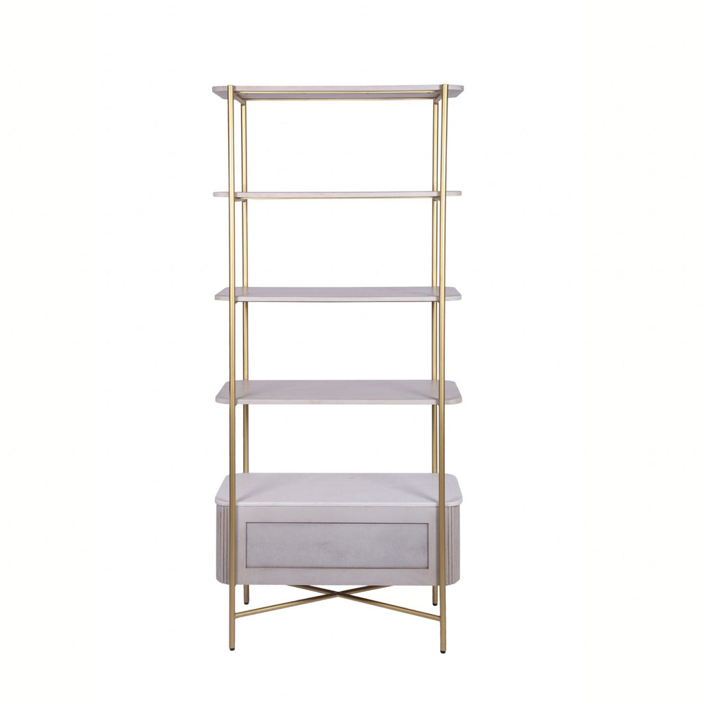 White Marble and Gold Metal Bookshelf with Fluted Mango Wood Base - Home Furniture Interiors