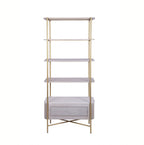 White Marble and Gold Metal Bookshelf with Fluted Mango Wood Base - Home Furniture Interiors