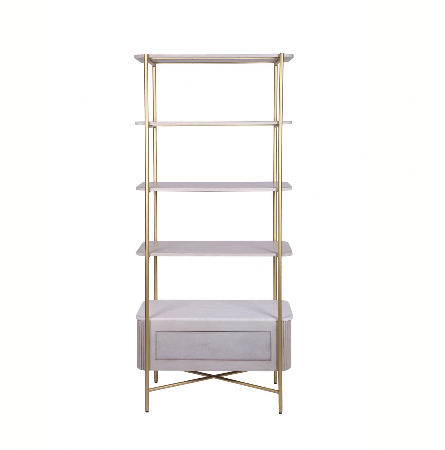 White Marble and Gold Metal Bookshelf with Fluted Mango Wood Base - Home Furniture Interiors