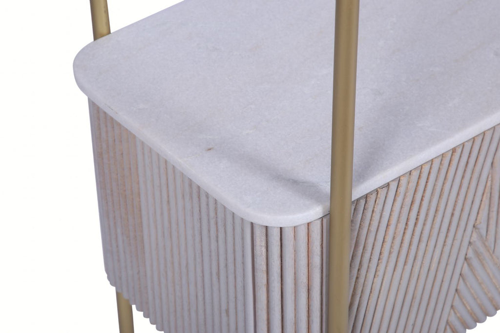 White Marble and Gold Metal Bookshelf with Fluted Mango Wood Base - Home Furniture Interiors