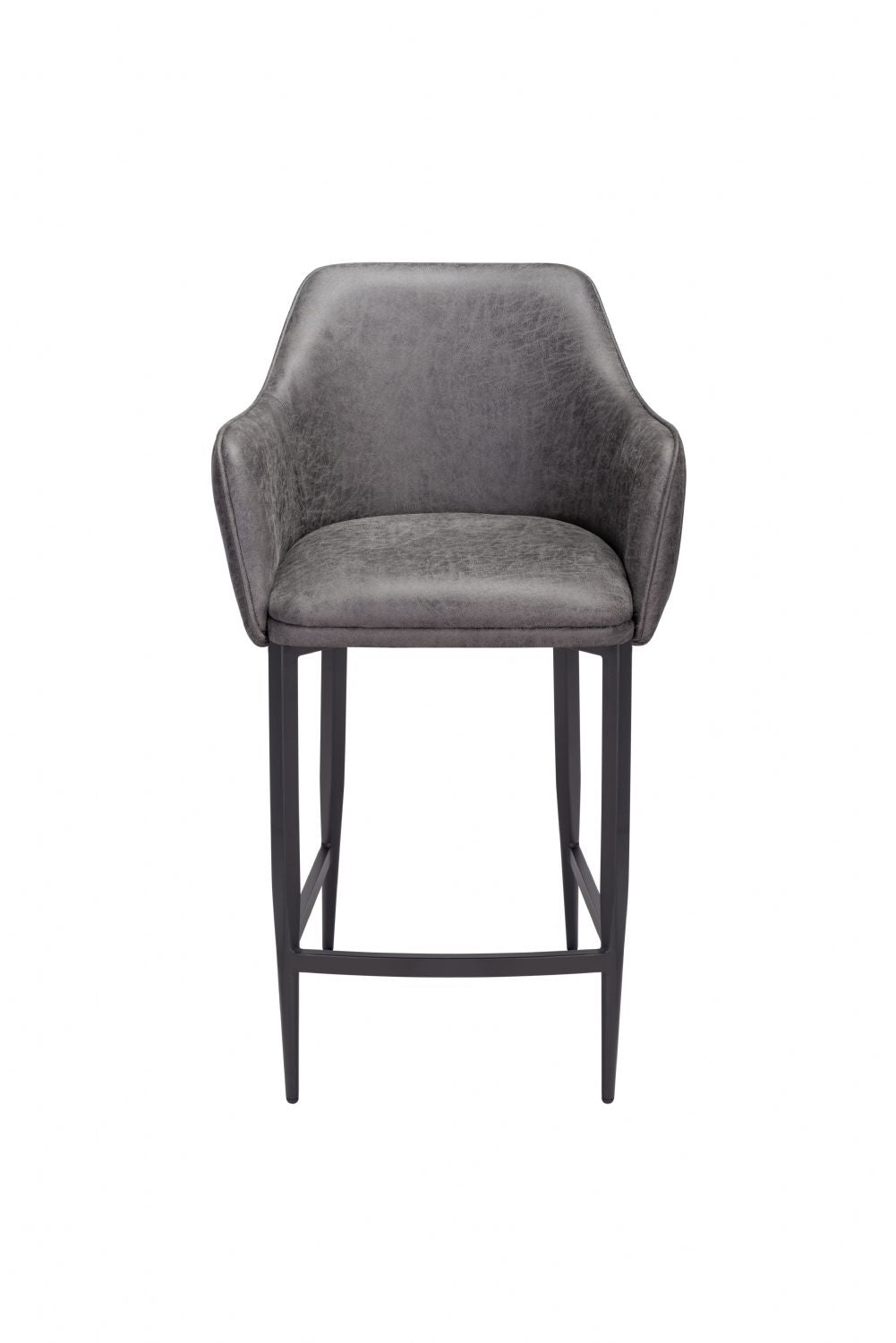 Gray bar stool with a cushioned seat on a white background