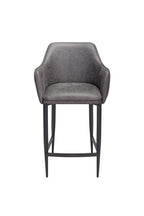 Gray bar stool with a cushioned seat on a white background