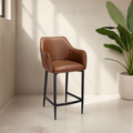 Vintage Tan Fabric Upholstered Bar Stool with Black Metal Legs