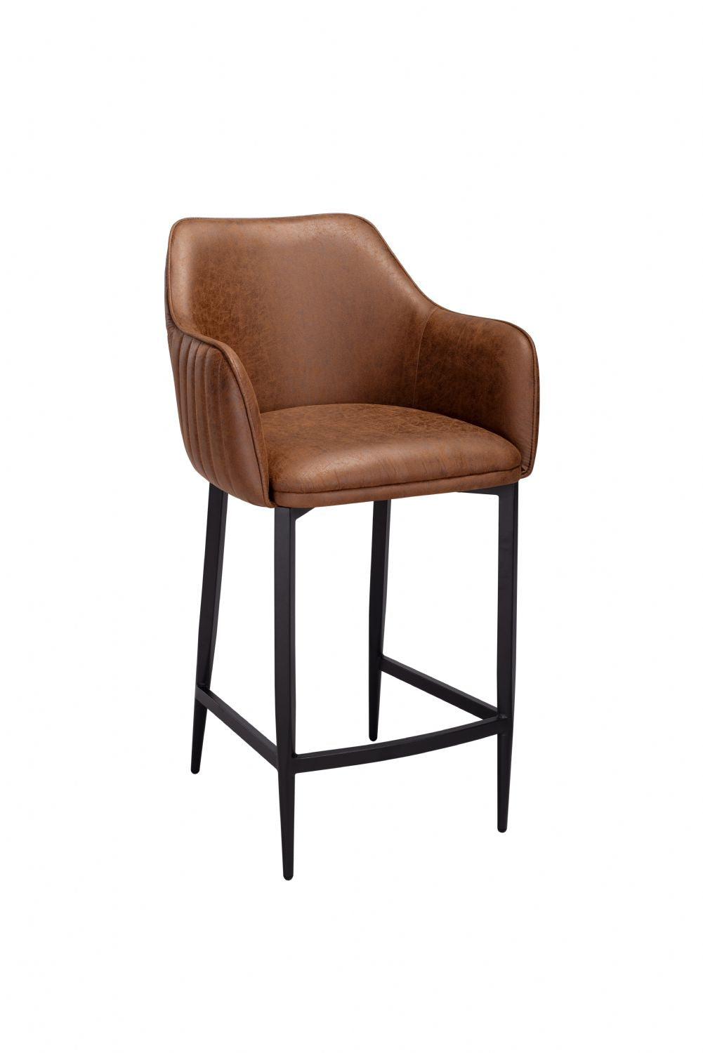Vintage Tan Fabric Upholstered Bar Stool with Black Metal Legs - Home Furniture Interiors