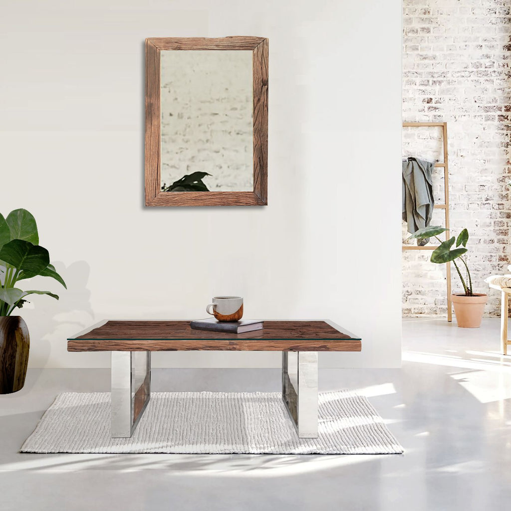 Industrial Reclaimed Sleeper Wood Coffee Table with Stainless Steel Legs