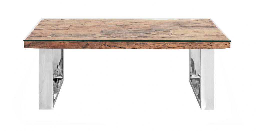 Industrial Reclaimed Sleeper Wood Coffee Table with Stainless Steel Legs - Home Furniture Interiors