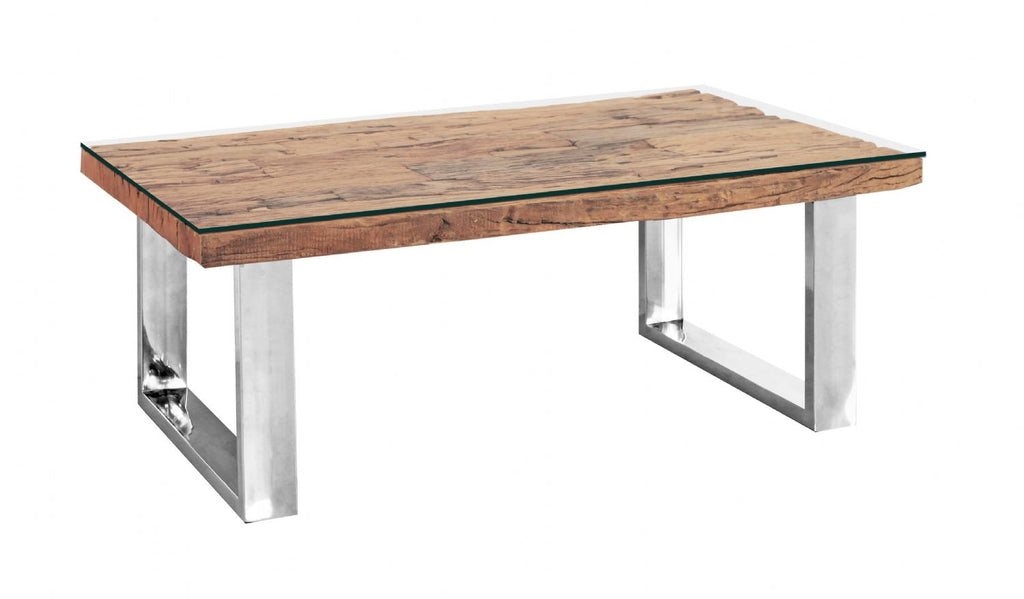 Industrial Reclaimed Sleeper Wood Coffee Table with Stainless Steel Legs - Home Furniture Interiors