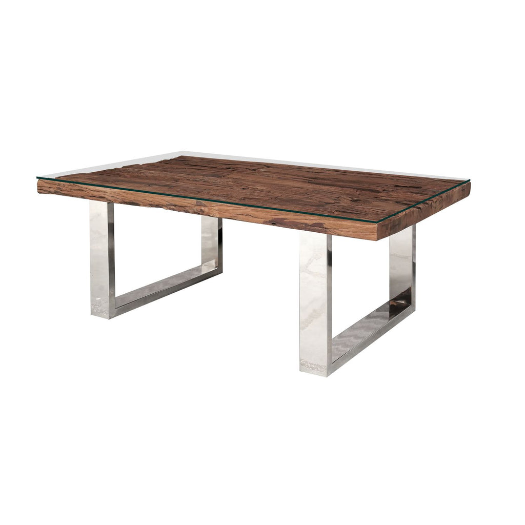 Industrial Reclaimed Sleeper Wood Coffee Table with Stainless Steel Legs - Home Furniture Interiors
