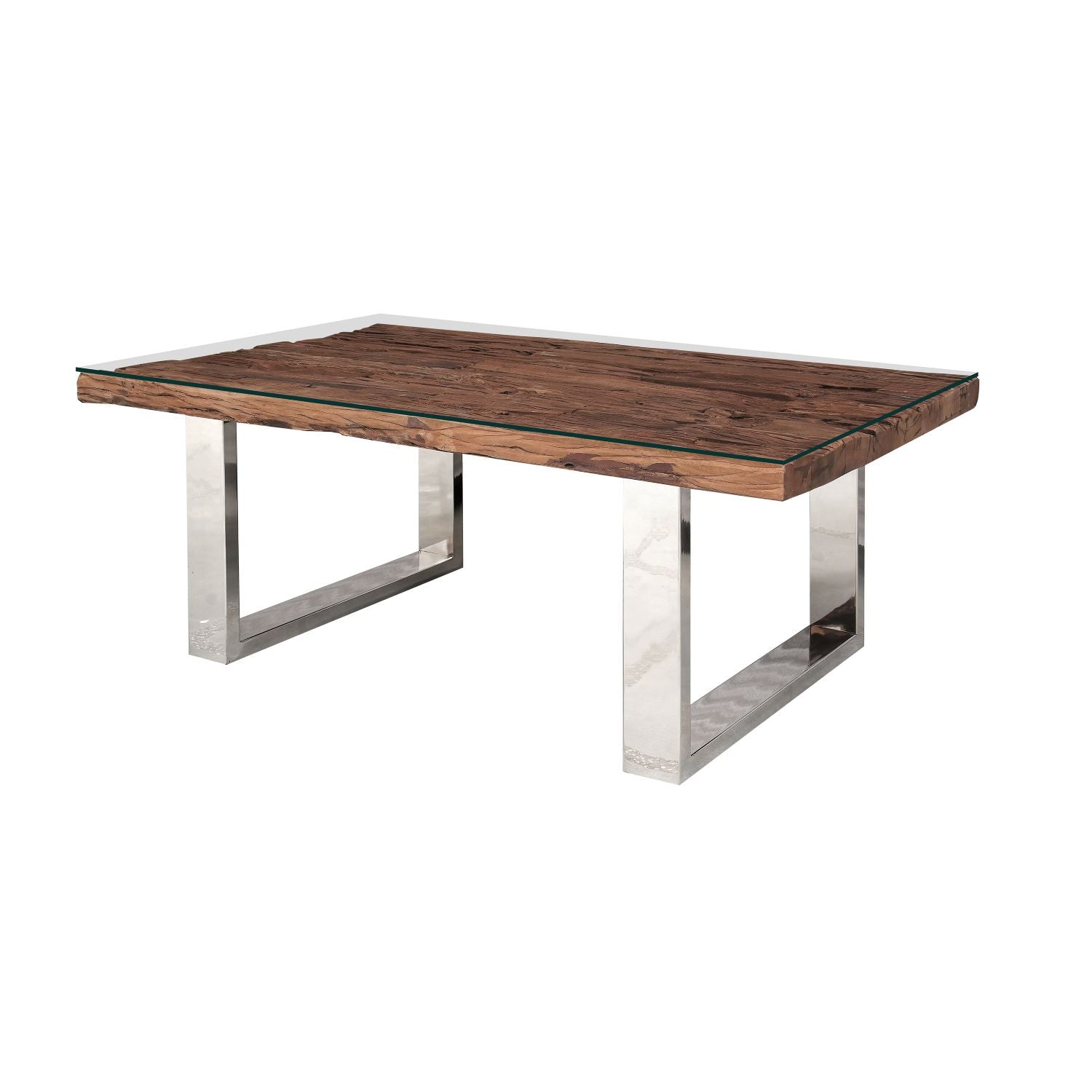 Industrial Reclaimed Sleeper Wood Coffee Table with Stainless Steel Legs - Home Furniture Interiors