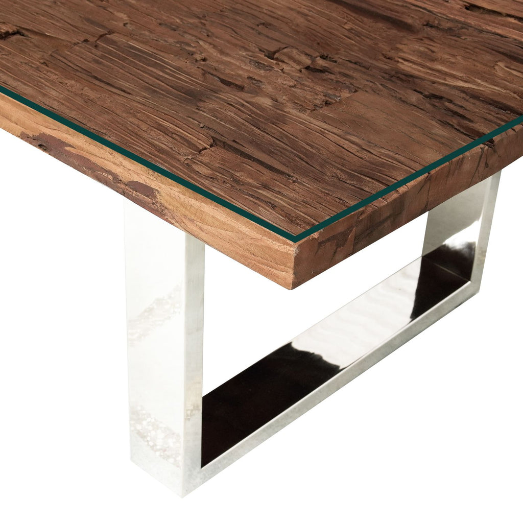 Industrial Reclaimed Sleeper Wood Coffee Table with Stainless Steel Legs - Home Furniture Interiors