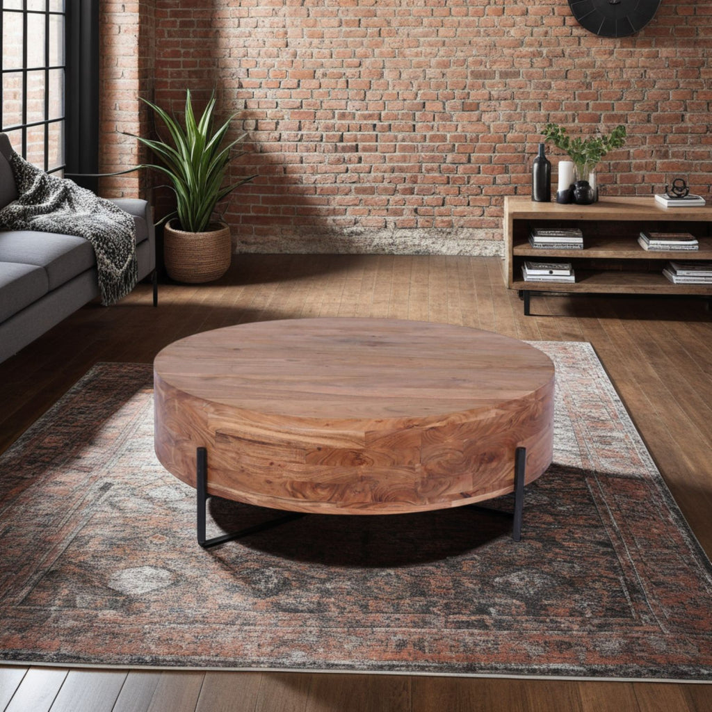 Modern Acacia Wood Round Coffee Table with Slim Black Iron Legs
