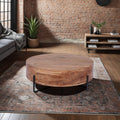 Modern Acacia Wood Round Coffee Table with Slim Black Iron Legs