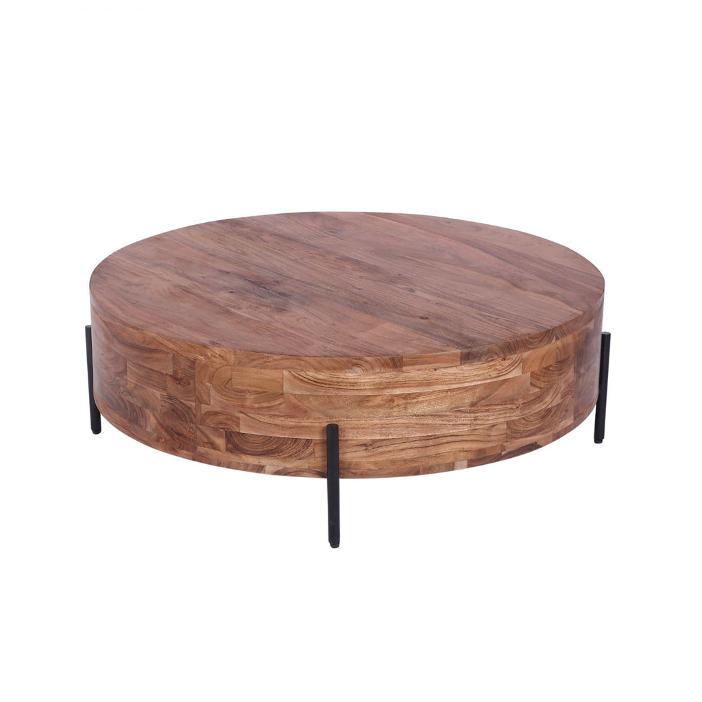 Modern Acacia Wood Round Coffee Table with Slim Black Iron Legs - Home Furniture Interiors