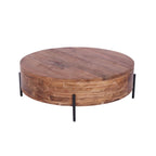 Modern Acacia Wood Round Coffee Table with Slim Black Iron Legs - Home Furniture Interiors