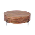 Modern Acacia Wood Round Coffee Table with Slim Black Iron Legs - Home Furniture Interiors