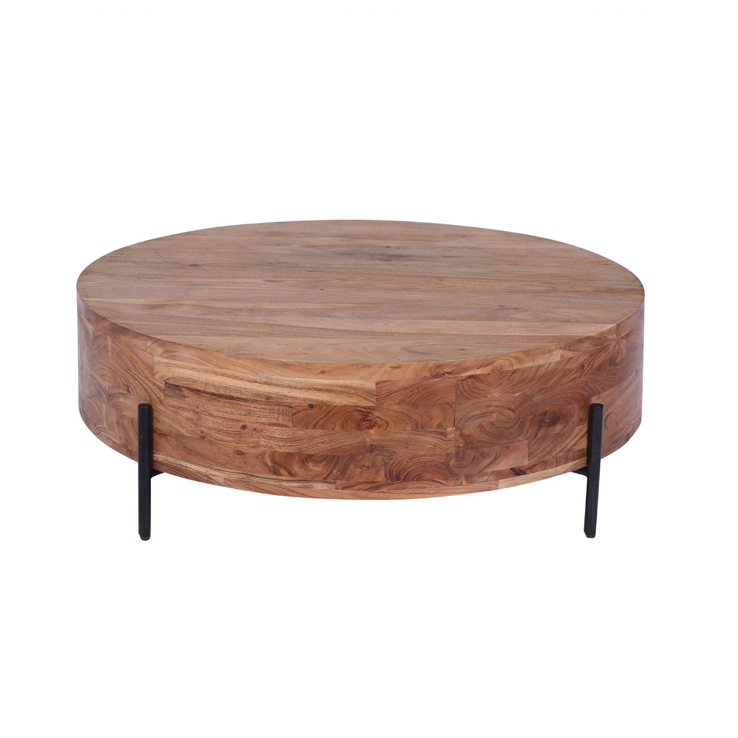 Modern Acacia Wood Round Coffee Table with Slim Black Iron Legs - Home Furniture Interiors