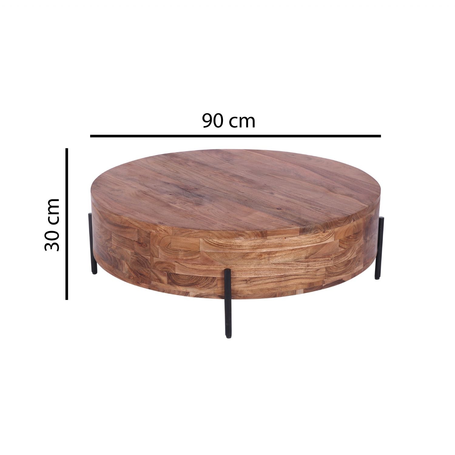 Modern Acacia Wood Round Coffee Table with Slim Black Iron Legs - Home Furniture Interiors