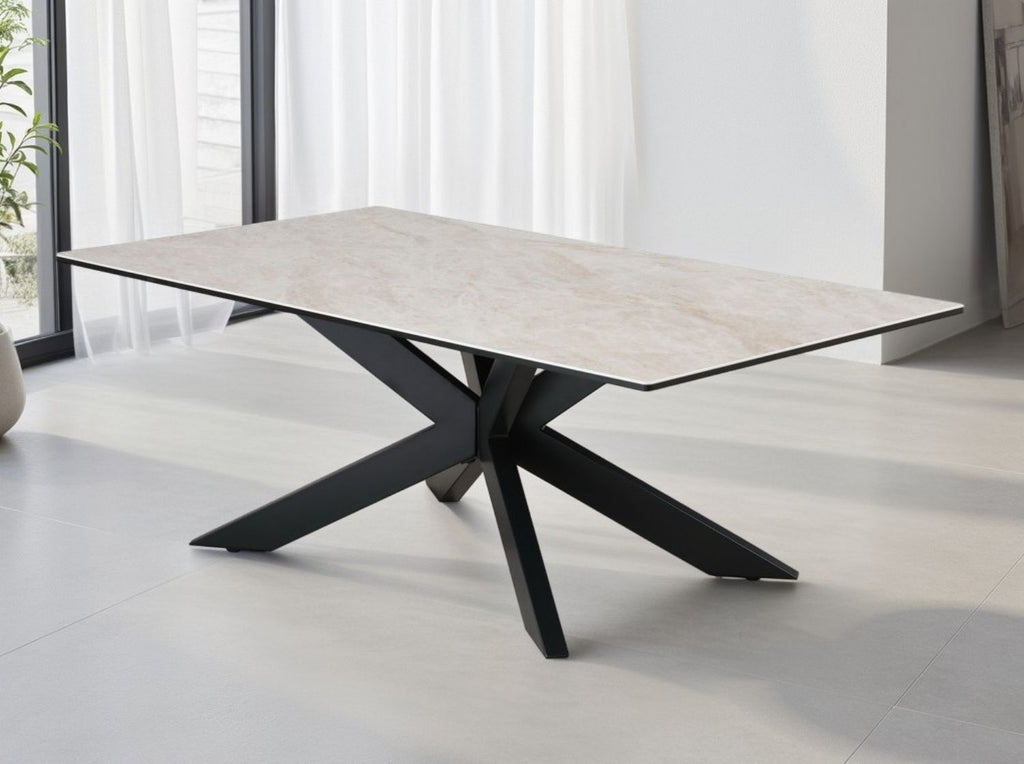 Modern Beige Ceramic and Glass Coffee Table with Black Iron Star Base