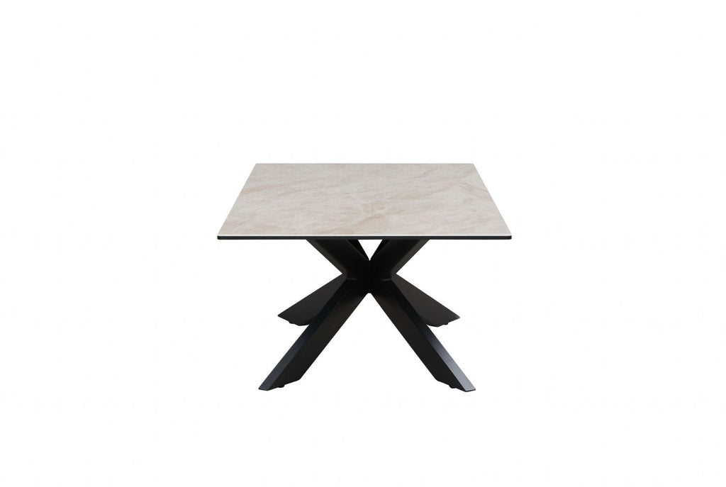 Modern Beige Ceramic and Glass Coffee Table with Black Iron Star Base - Home Furniture Interiors