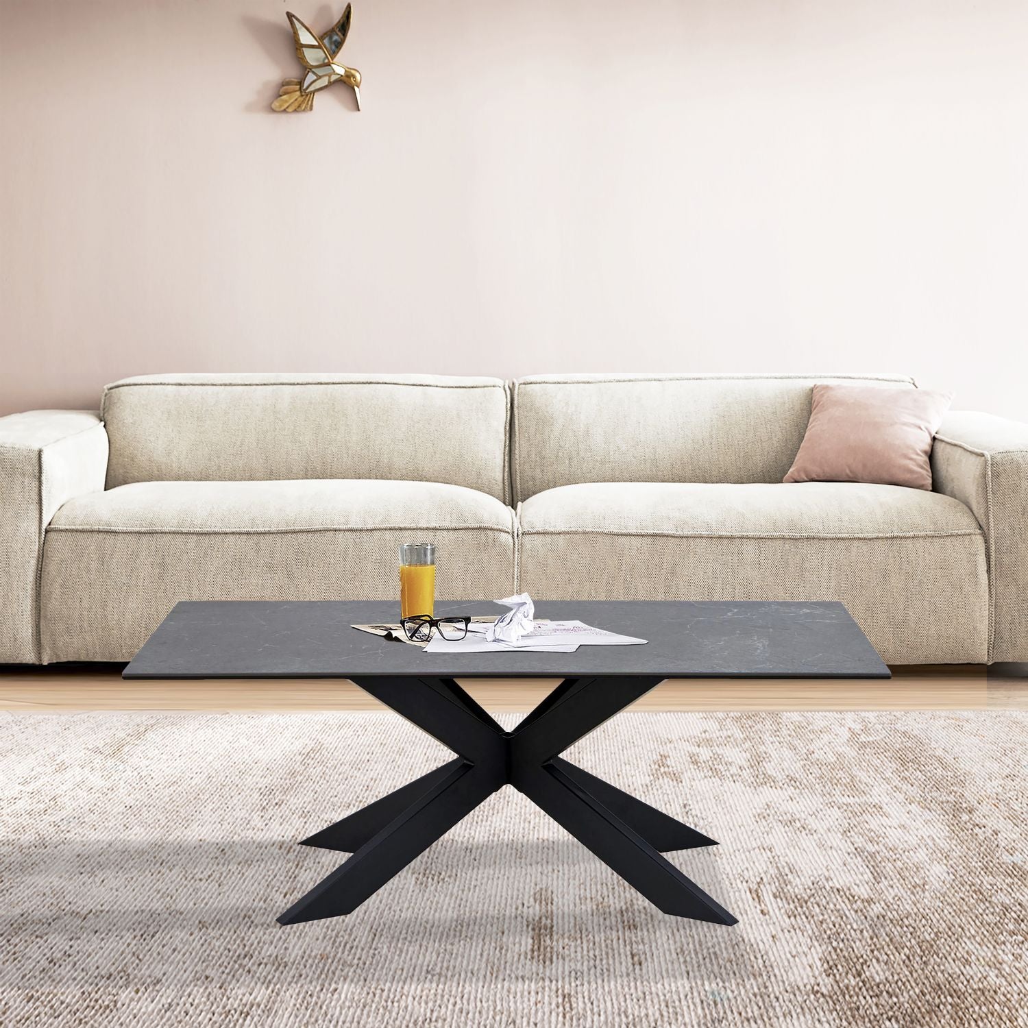Modern Black Ceramic and Glass Top Rectangular Coffee Table with Iron Legs