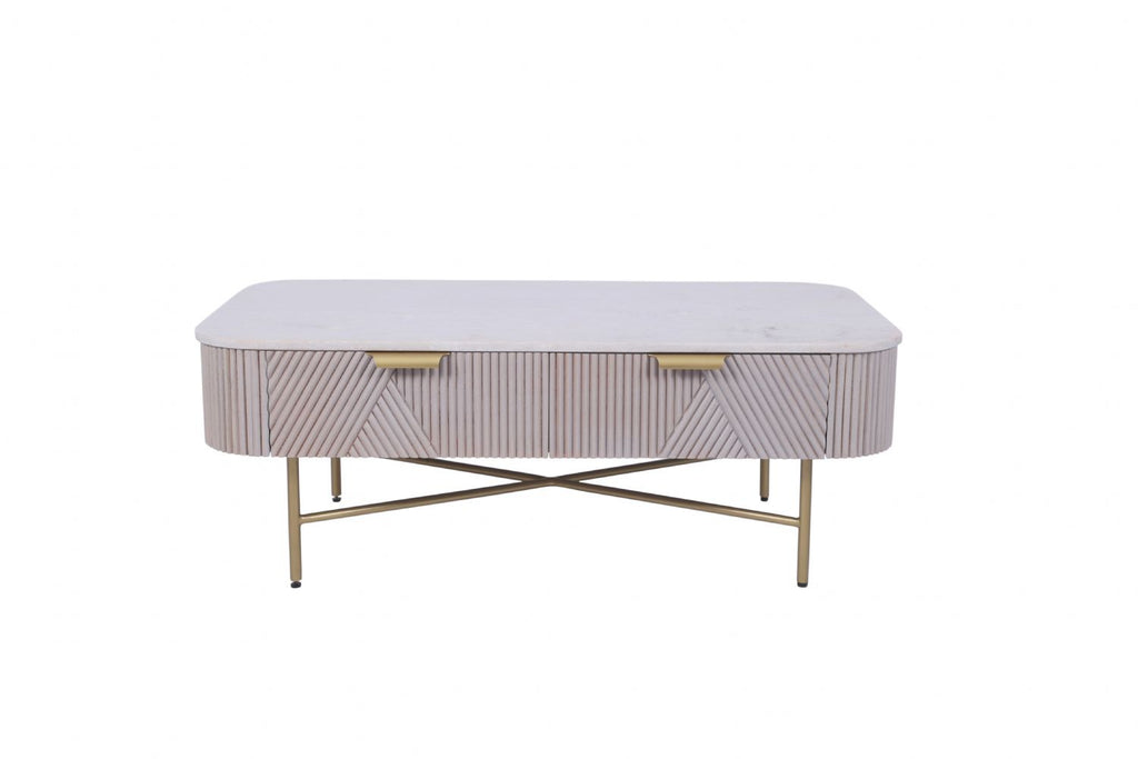 Modern Mango Wood 2 Drawer Rectangular Coffee Table with Marble Top - Home Furniture Interiors
