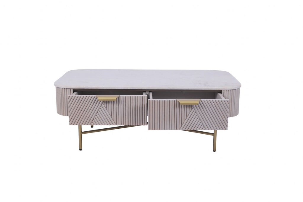 Modern Mango Wood 2 Drawer Rectangular Coffee Table with Marble Top - Home Furniture Interiors