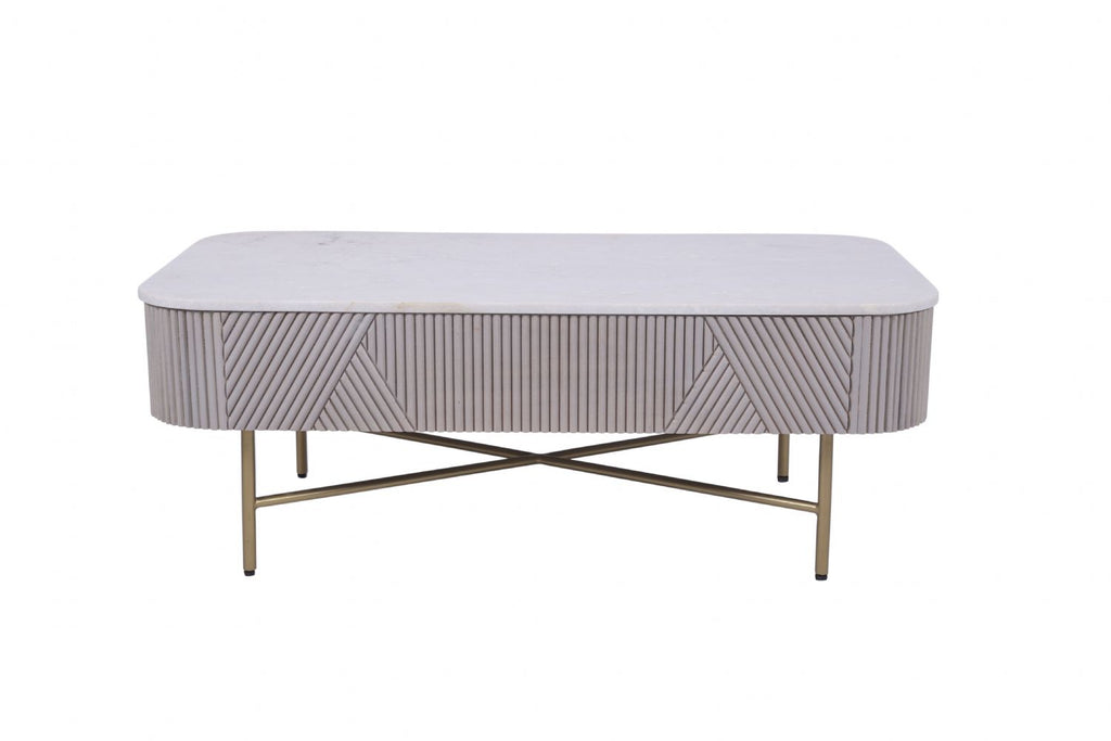 Modern Mango Wood 2 Drawer Rectangular Coffee Table with Marble Top - Home Furniture Interiors