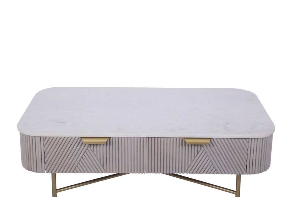 Modern Mango Wood 2 Drawer Rectangular Coffee Table with Marble Top - Home Furniture Interiors