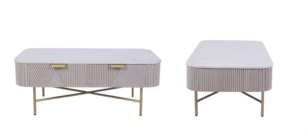 Modern Mango Wood 2 Drawer Rectangular Coffee Table with Marble Top - Home Furniture Interiors
