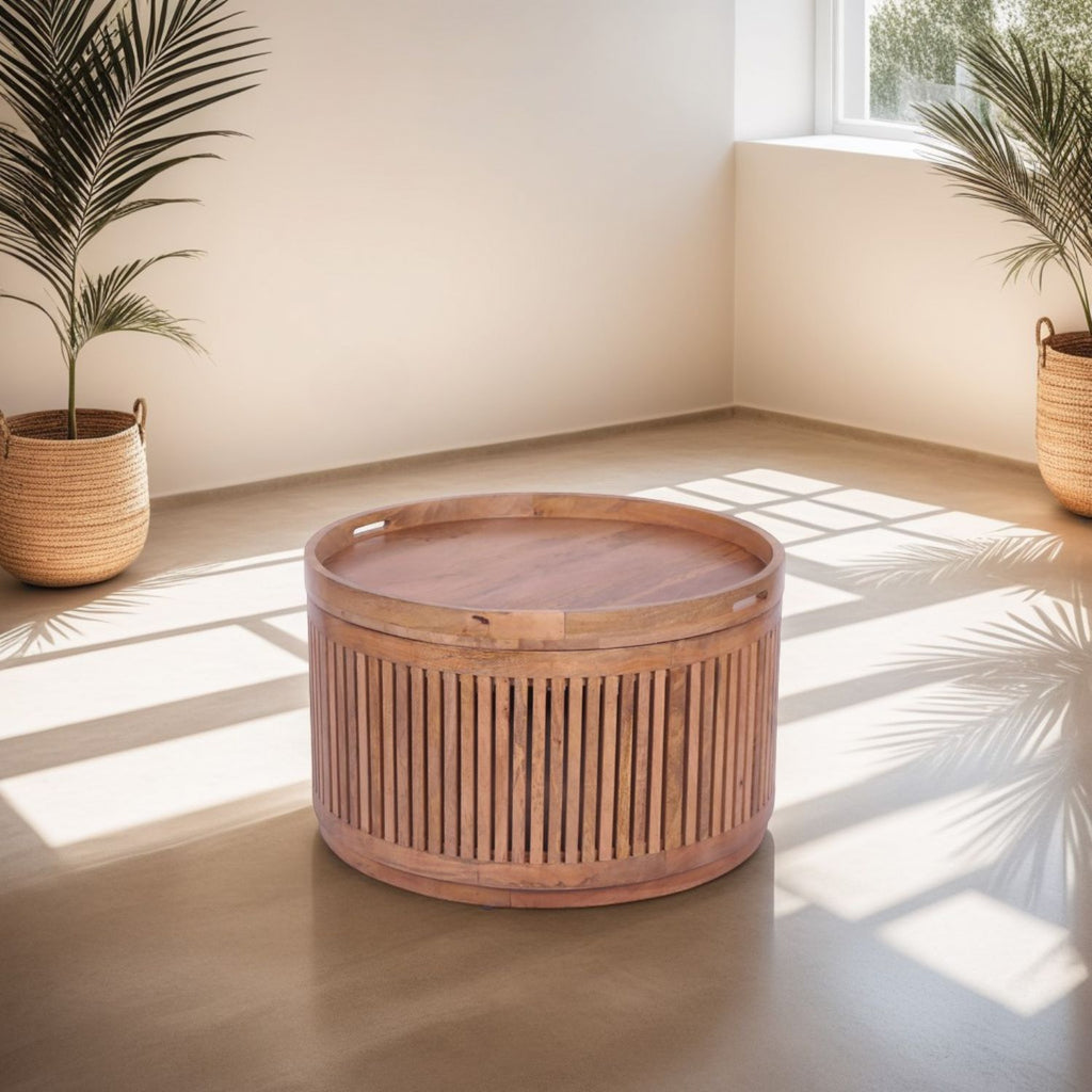 Modern Mango Wood Round Coffee Table with Lift Off Storage Top