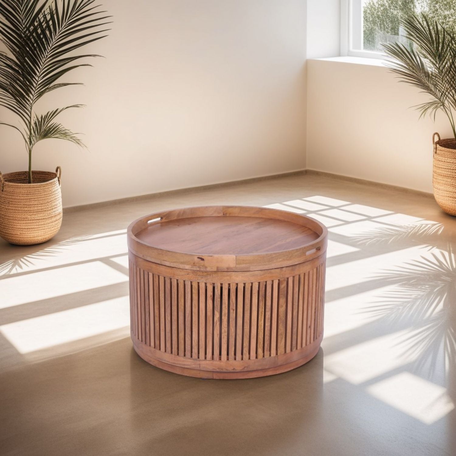 Modern Mango Wood Round Coffee Table with Lift Off Storage Top