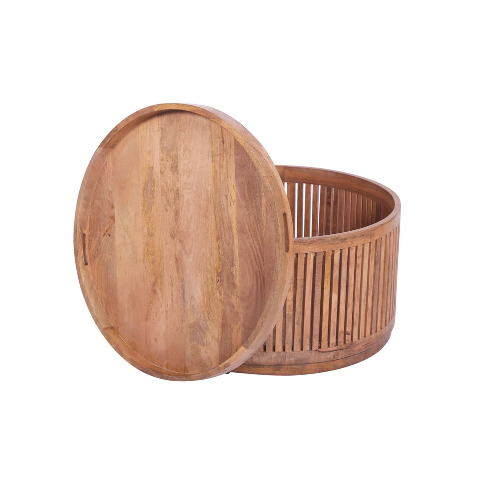 Modern Mango Wood Round Coffee Table with Lift Off Storage Top - Home Furniture Interiors
