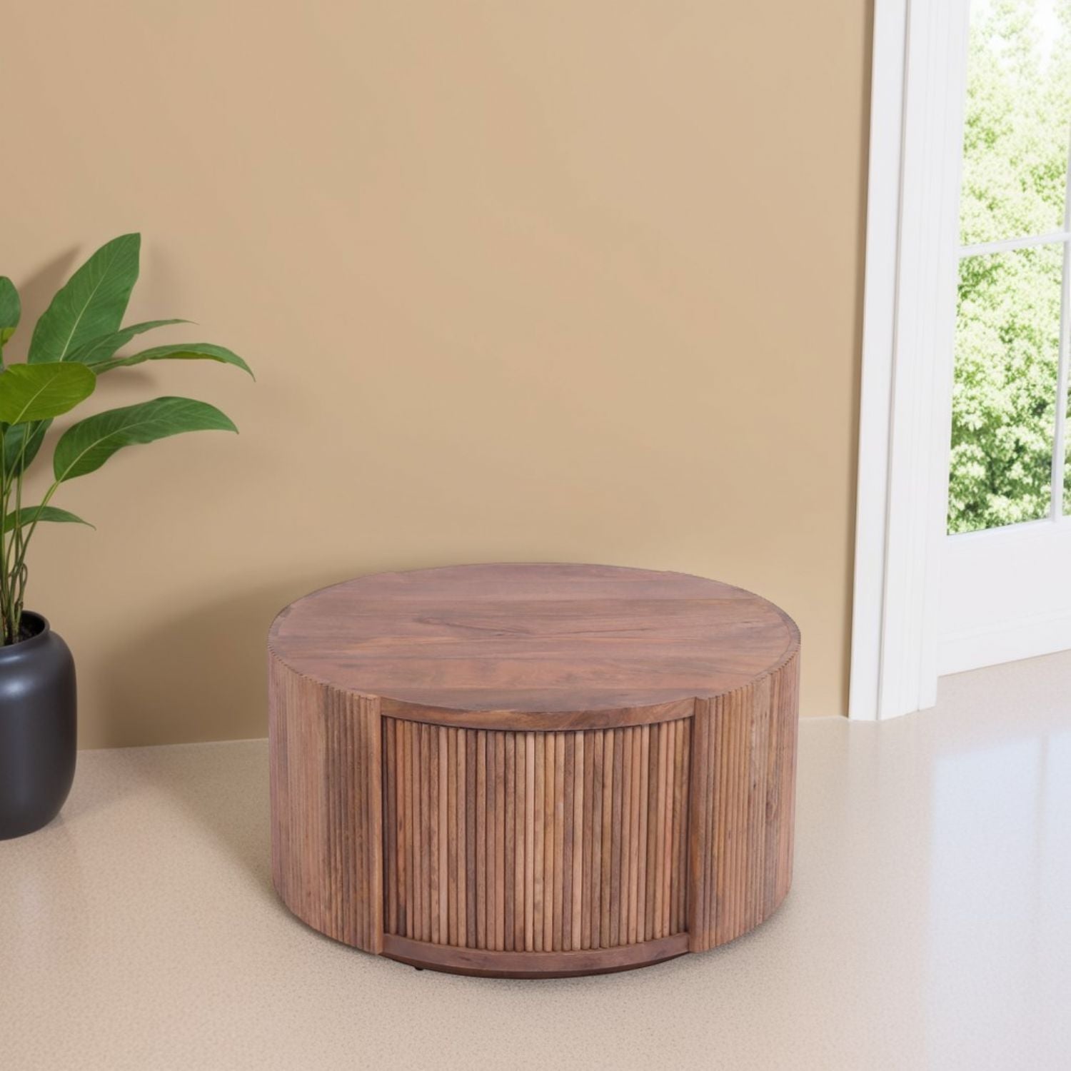 Modern Mango Wood Round Coffee Table with Slatted Drum Base